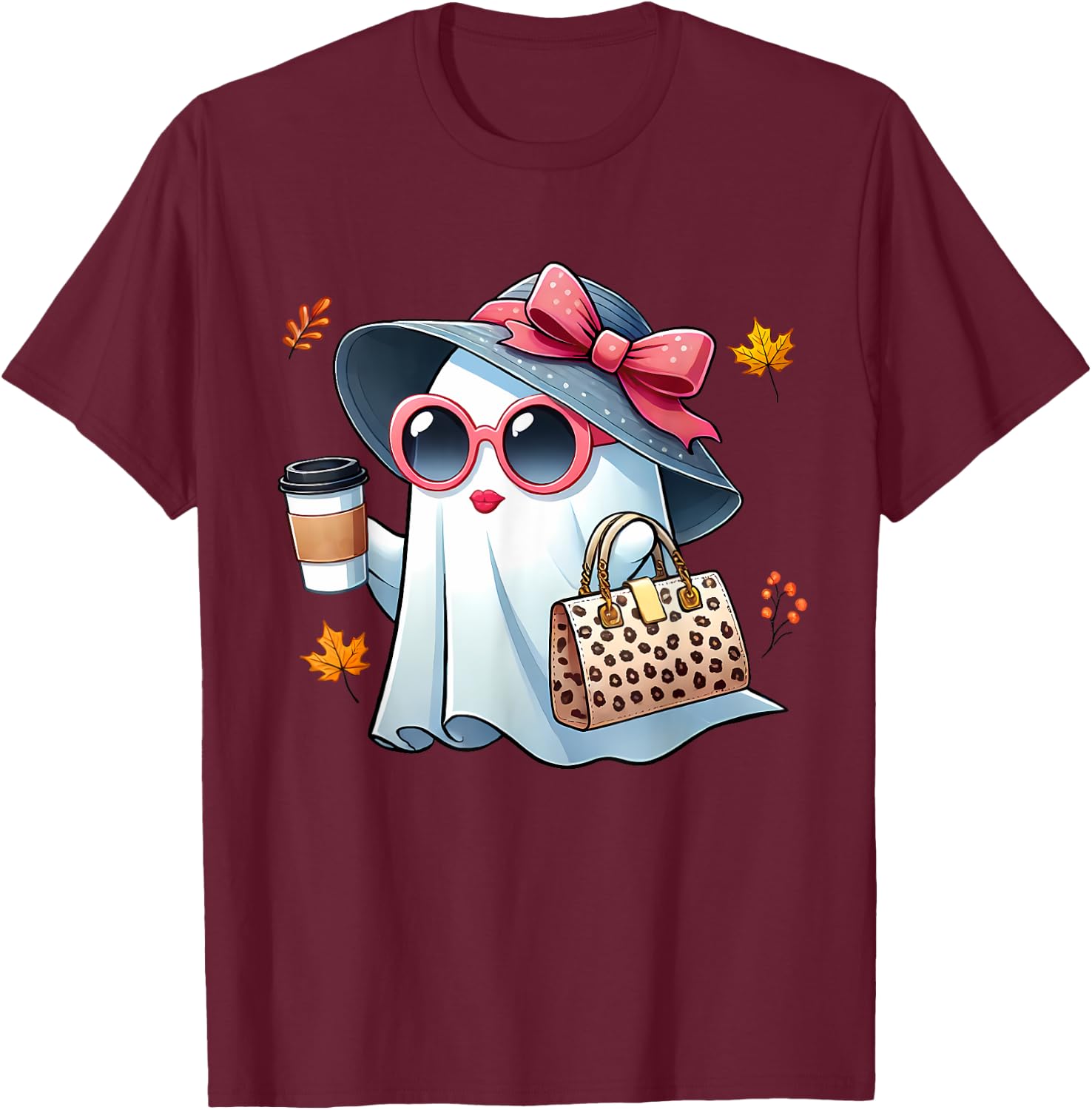 Cute Ghost Halloween Boujee Drinking Coffee Women Girls Fall T-Shirt - T-Shirt | Maroon