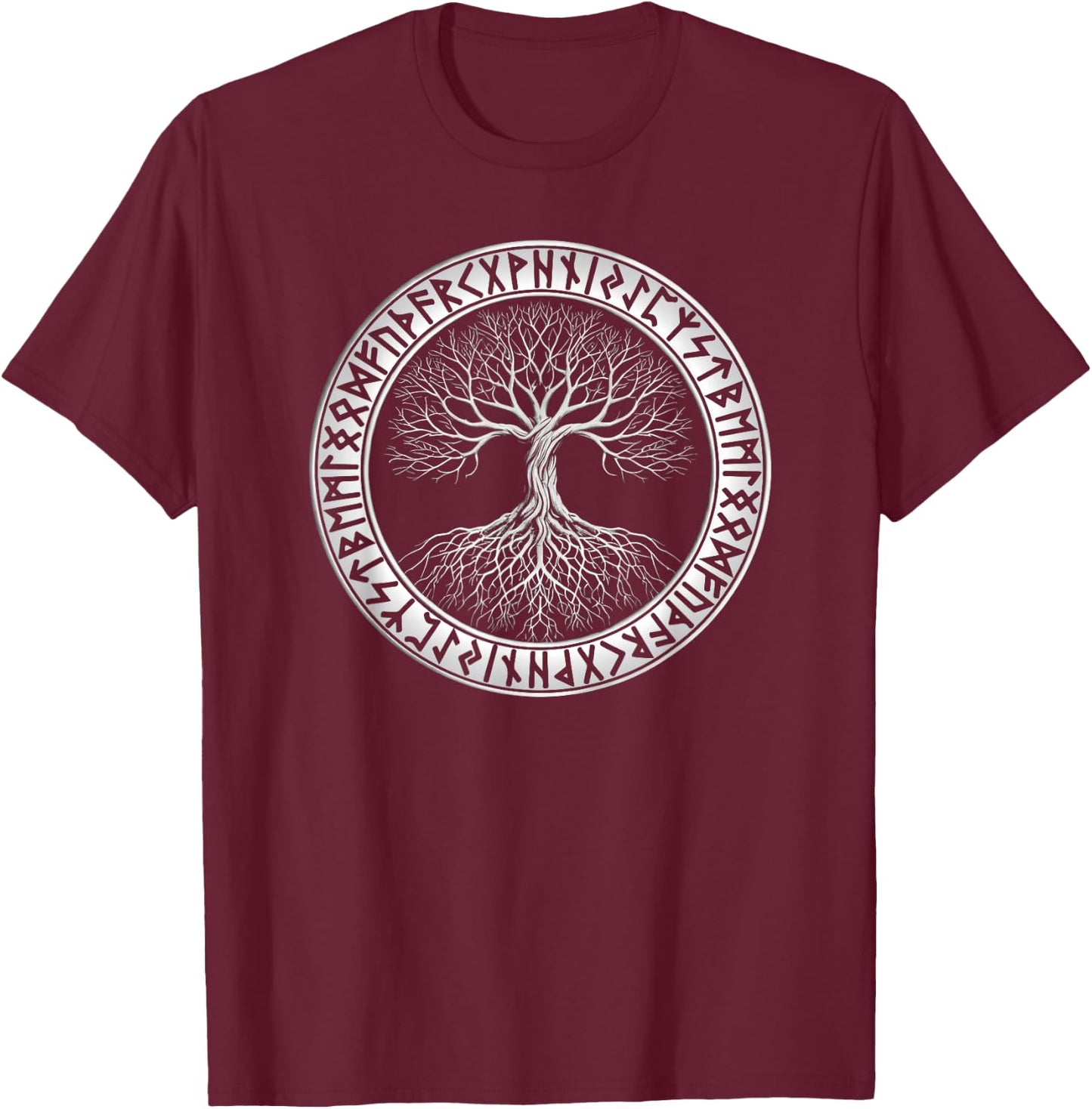 Nordic Tree of Life Yggdrasil Circle of Runes Viking T-Shirt - T-Shirt | Maroon