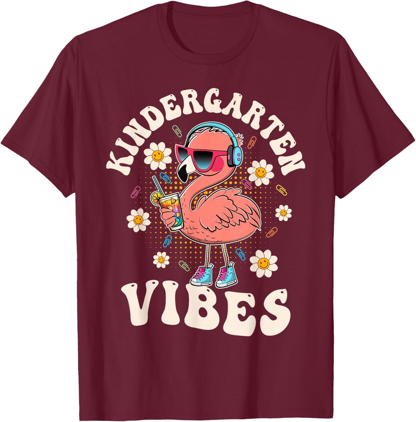 Flamingo Back to School Kindergarten Vibes Teacher Men Women Girls Kids T-Shirt - T-Shirt | Maroon