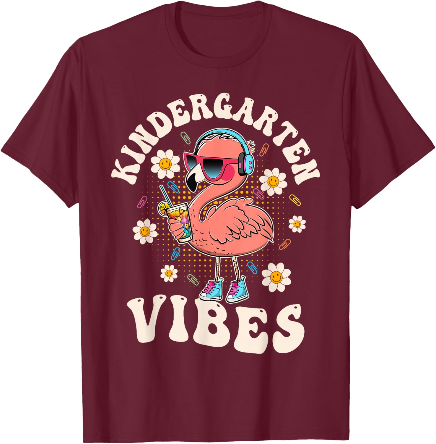 Flamingo Back to School Kindergarten Vibes Teacher Men Women Girls Kids T-Shirt - T-Shirt | Maroon