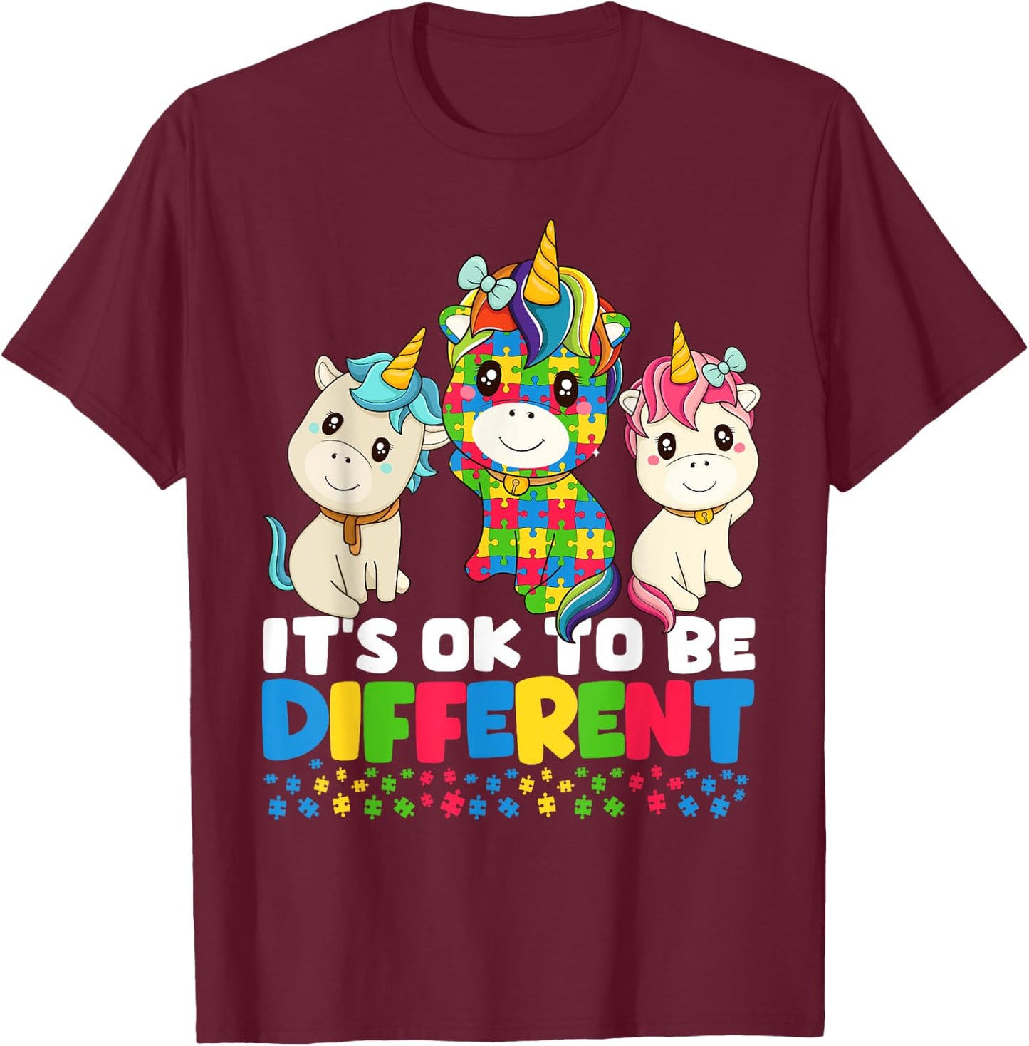 Unicorn Autism Awareness Shirt, It’s Ok To Be Different Kids T-Shirt - T-Shirt | Maroon