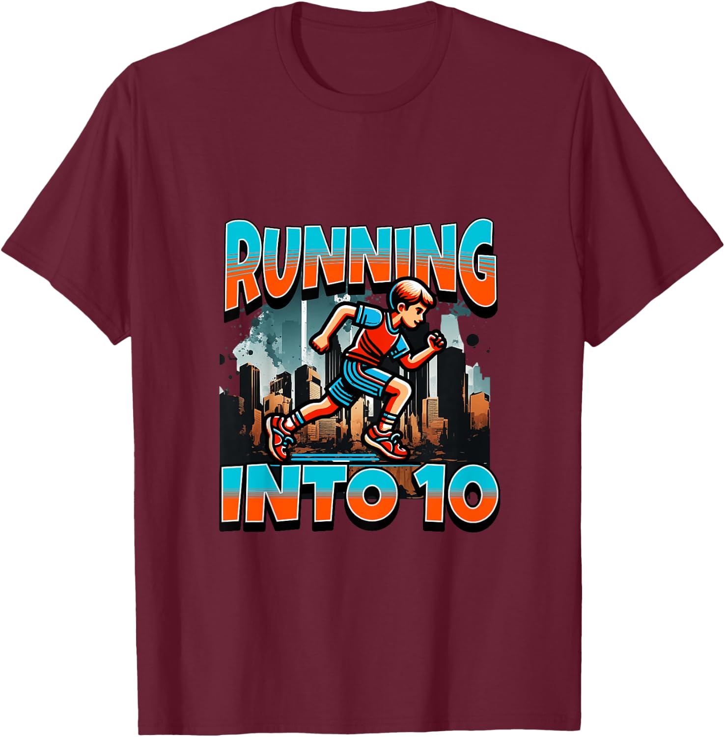 Kids Runner Boy Running Into 10 Year Old 10th Birthday Boy T-Shirt - T-Shirt | Maroon