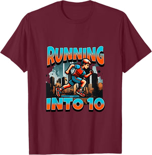 Kids Runner Boy Running Into 10 Year Old 10th Birthday Boy T-Shirt - T-Shirt | Maroon