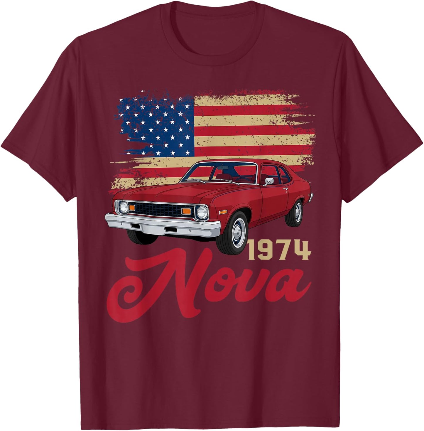1974 74 Nova Silhouette Muscle Car American Flag T-Shirt - T-Shirt | Maroon