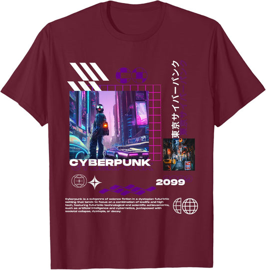 Tokyo Cyberpunk 2099 Urbane Stadtbild-Ästhetik T-Shirt - T-Shirt | Maroon