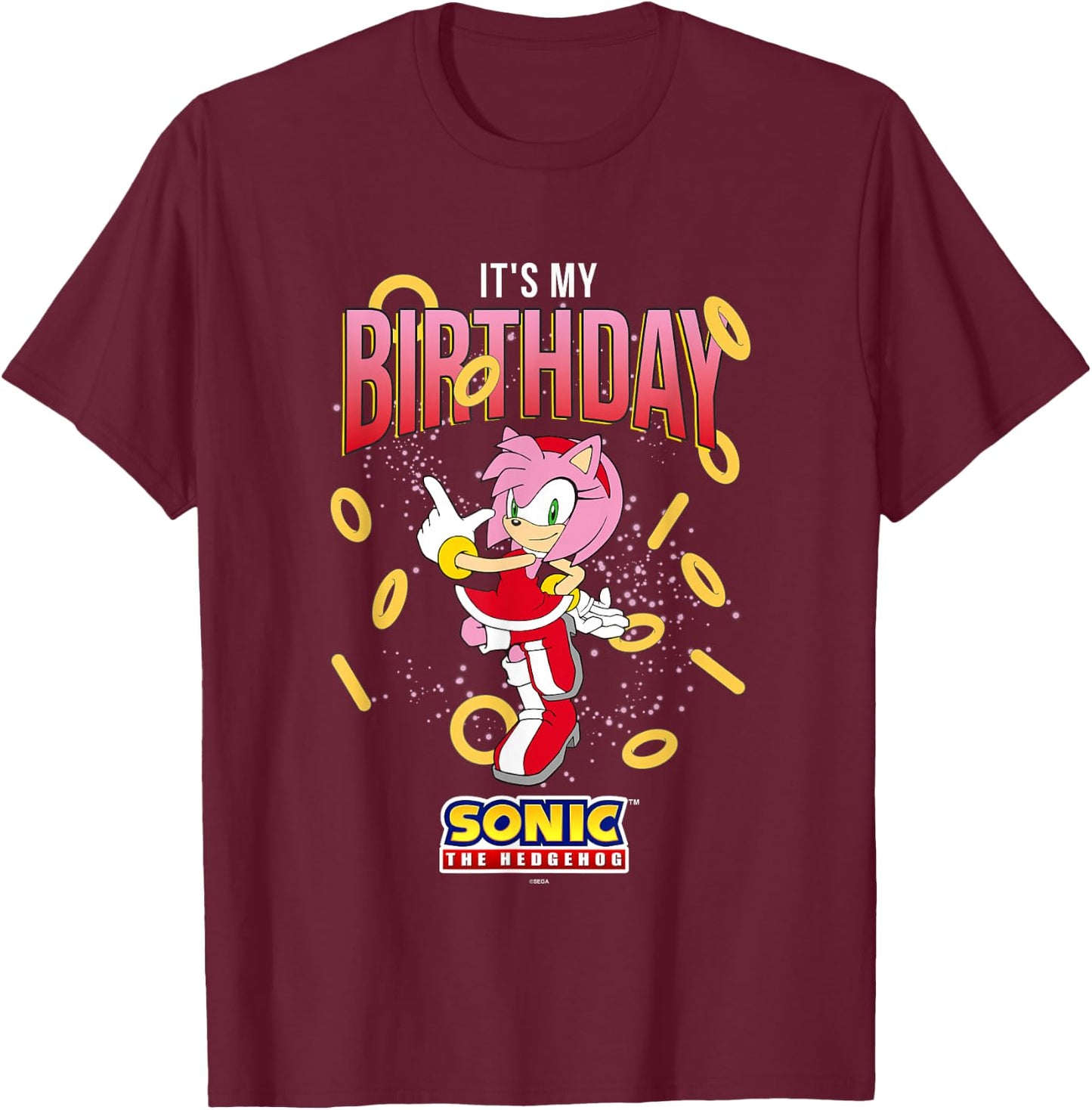 Sonic The Hedgehog Birthday It's My Birthday Amy Rose Rings T-Shirt - T-Shirt | Maroon