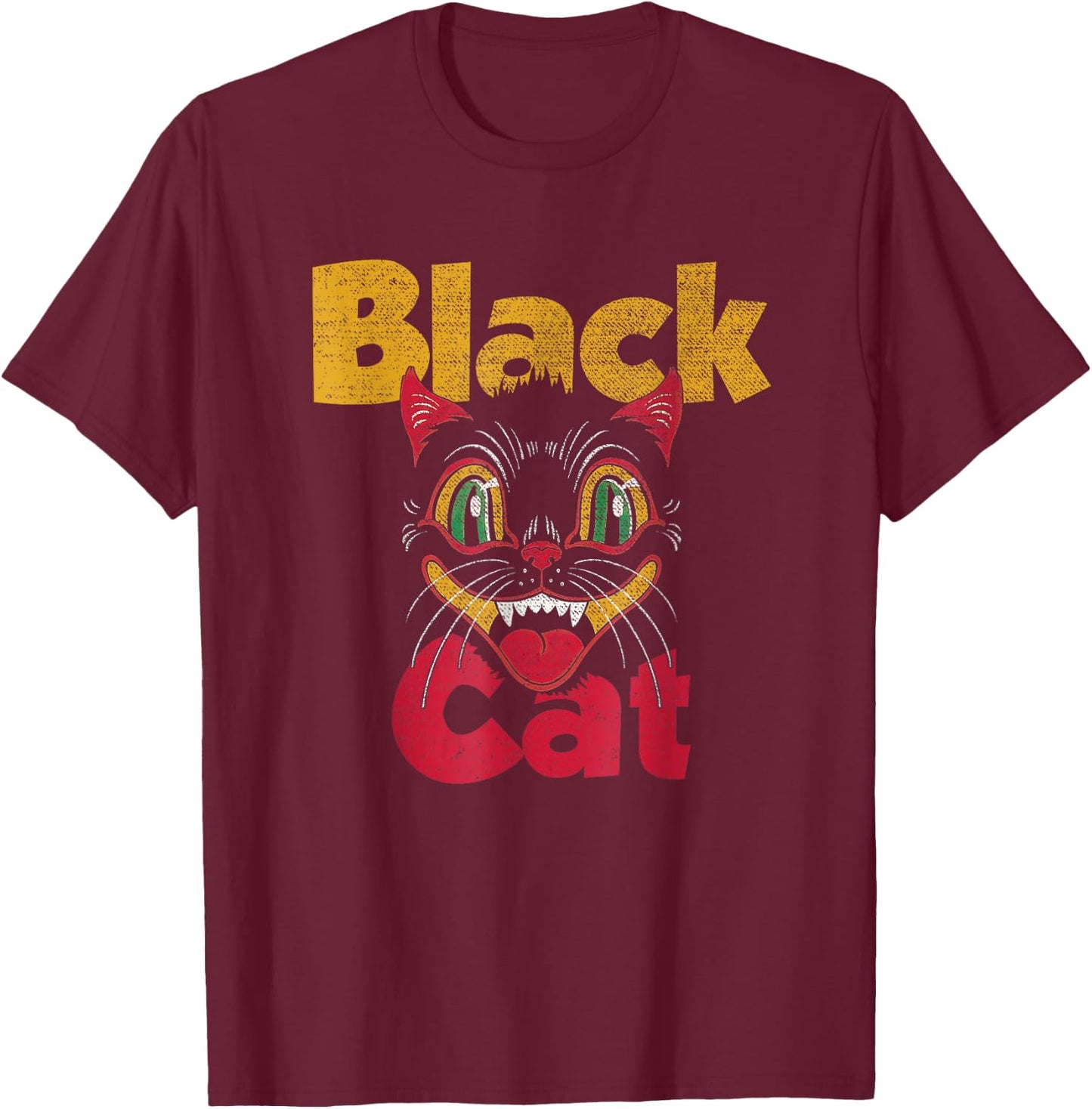Vintage Halloween Retro Black Cat Retro Fireworks Men Women T-Shirt - T-Shirt | Maroon