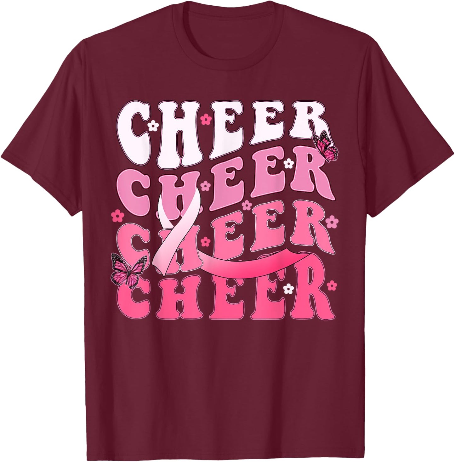Cheer Breast Cancer Awareness Shirts Ribbon Cheerleader T-Shirt - T-Shirt | Maroon