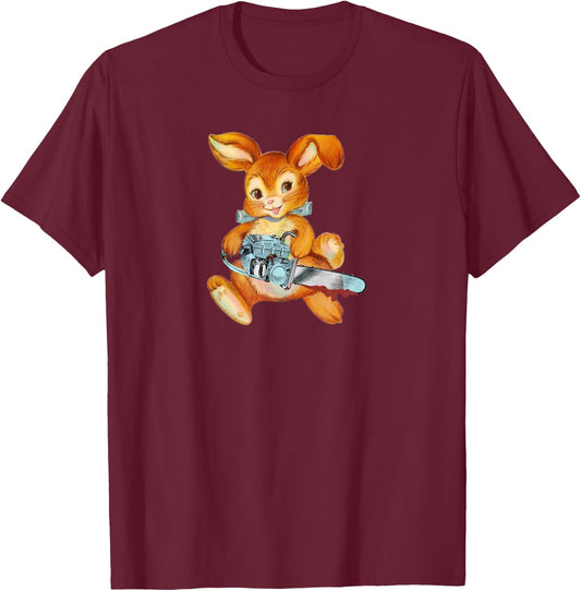 Chainsaw Bunny: Vintage-Inspired Dark Humor T-Shirt - T-Shirt | Maroon