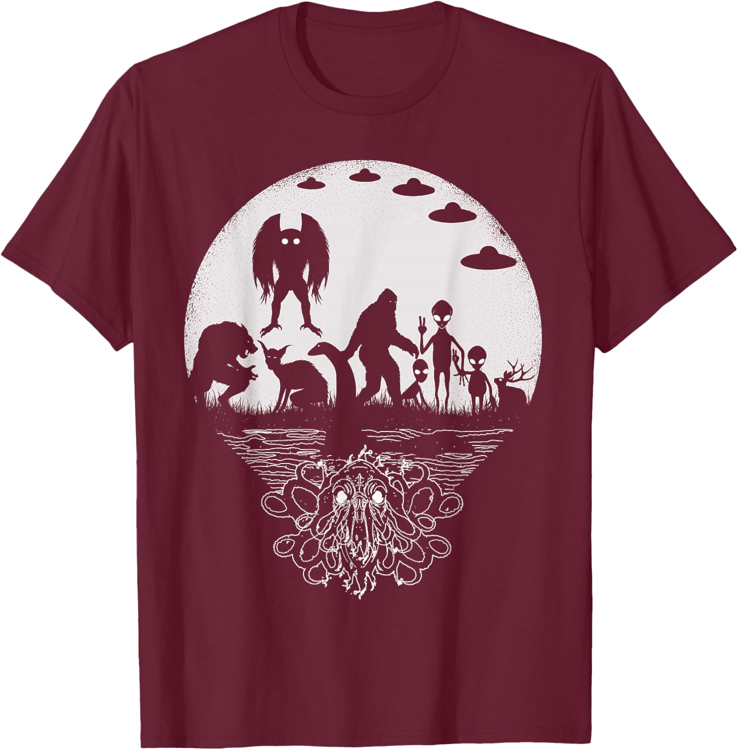 Bigfoot Mothman Loch Ness Monster And Aliens! Funny Cryptid T-Shirt - T-Shirt | Maroon