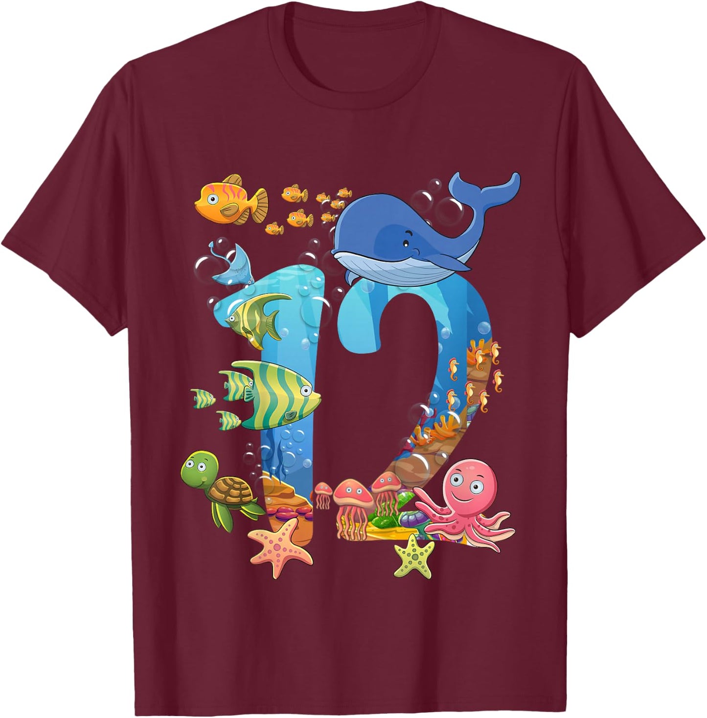 12 Years Old Sea Fish Ocean Animal 12th Birthday Boy Girl T-Shirt - T-Shirt | Maroon