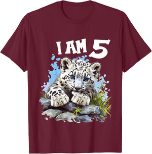 5 Years old 5 birthday Snow Leopards Boy girl Snow Leopard T-Shirt - T-Shirt | Maroon