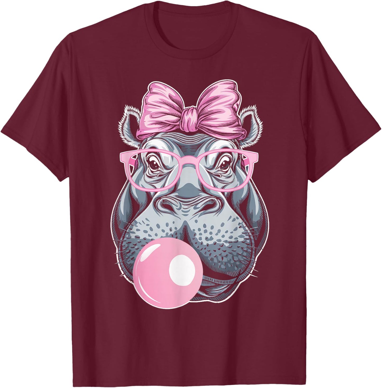 Hippo Wearing Glasses and Blowing Pink Bubble Gum T-Shirt - T-Shirt | Maroon