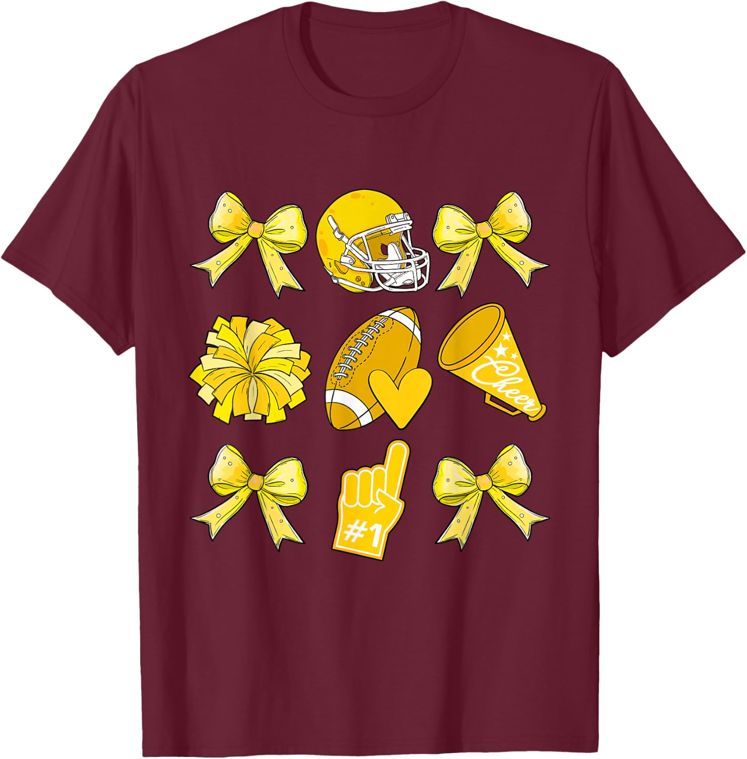 Cheer Football Coquette Bow Game Day Cheerleader Yellow T-Shirt - T-Shirt | Maroon