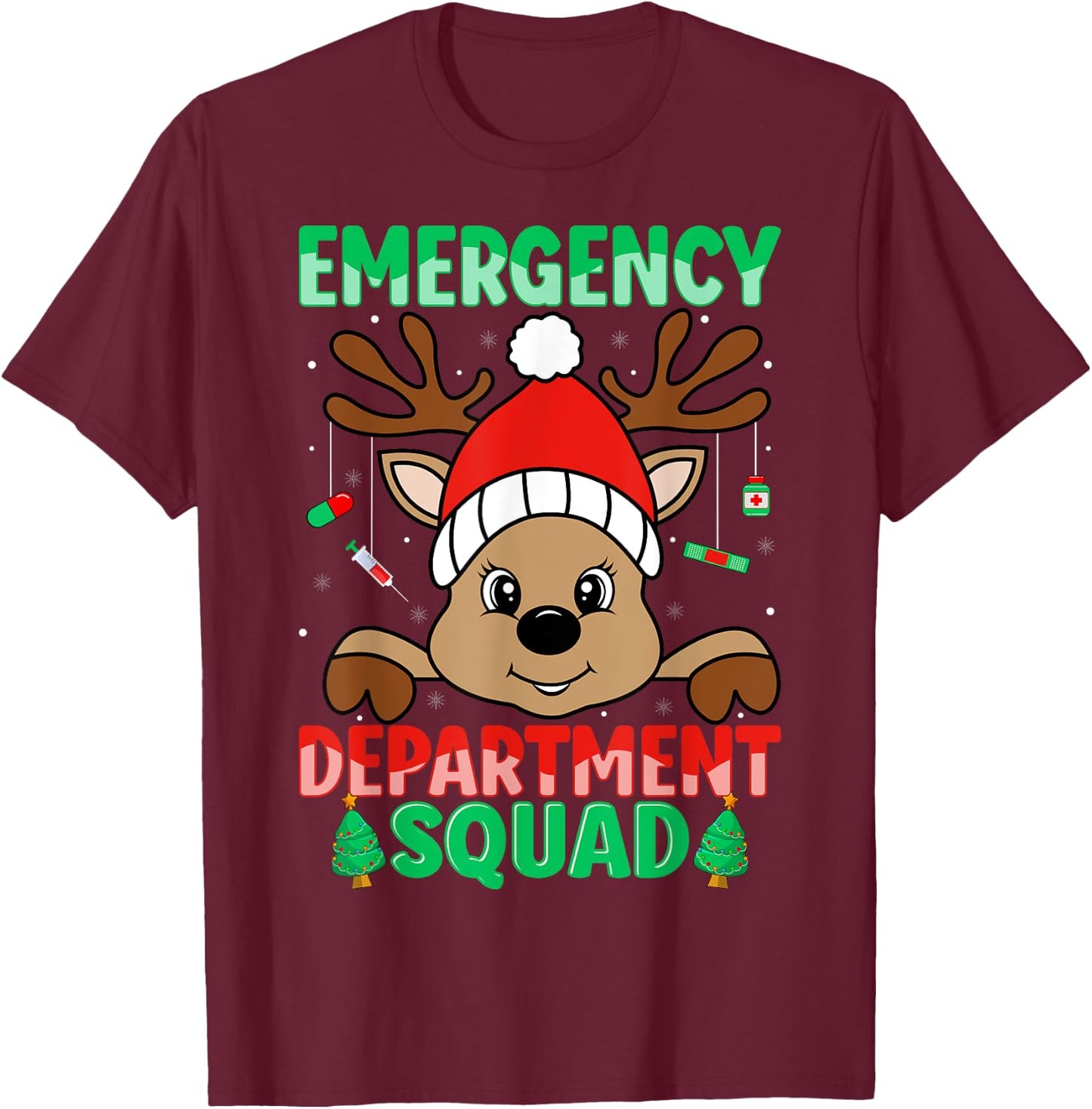 Emergency Department Squad ER Nurse Reindeer Christmas T-Shirt - T-Shirt | Maroon
