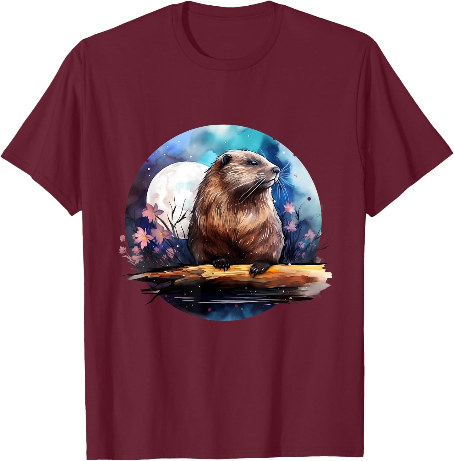 Beaver Flowers Colourful Animal Art Artwork Nature Forest T-Shirt - T-Shirt | Maroon