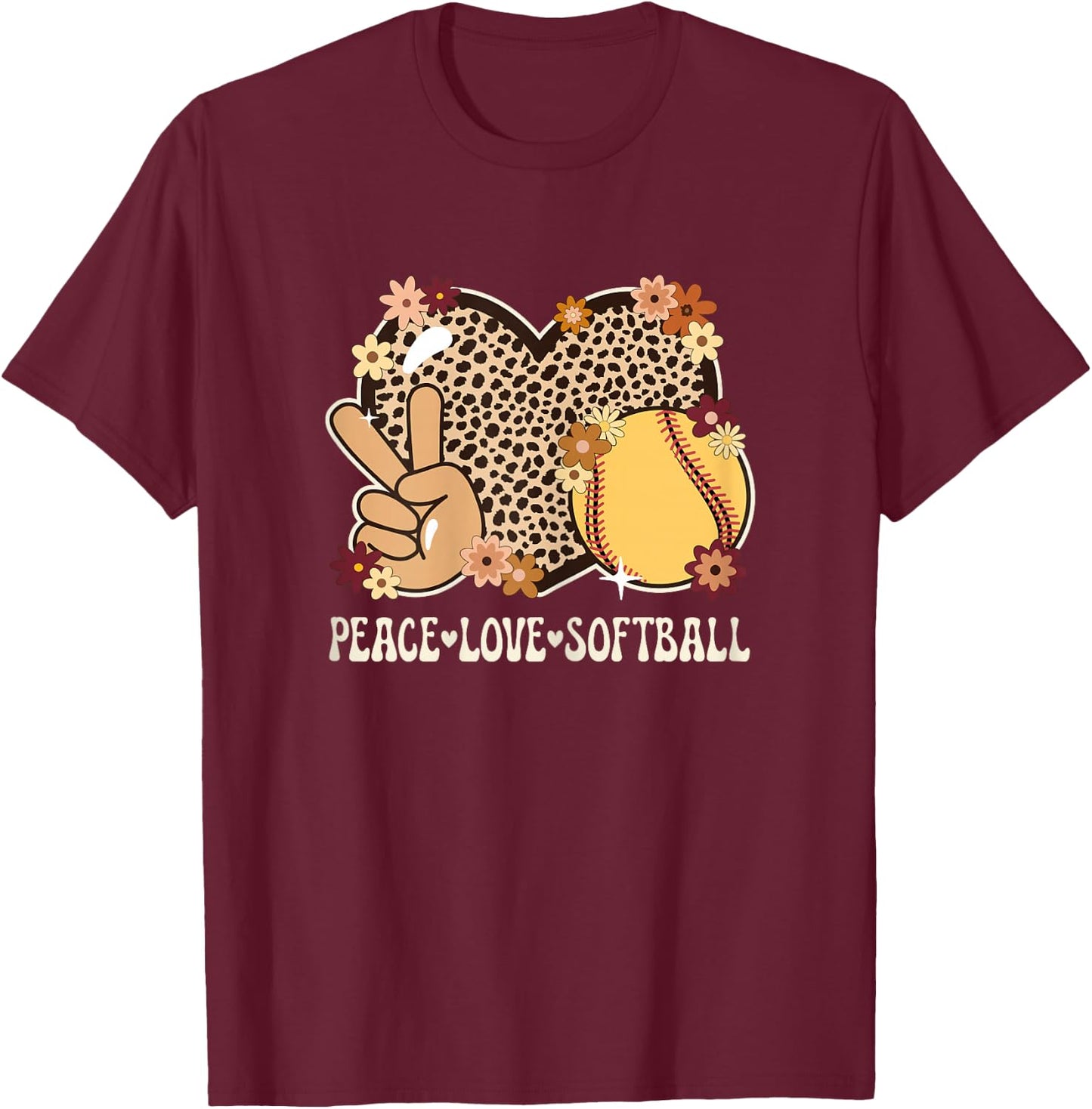 Peace Love Softball Lover Outfit Cheetah Print Girl Softball T-Shirt - T-Shirt | Maroon