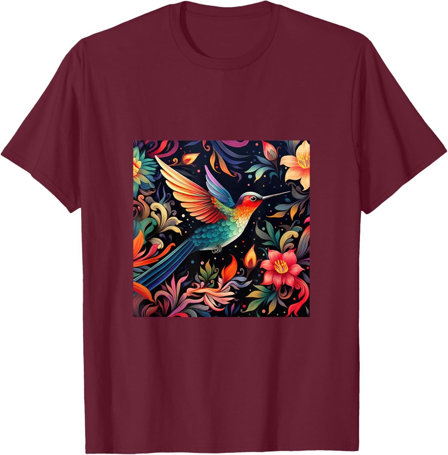 Hummingbird Pattern T-Shirt - T-Shirt | Maroon