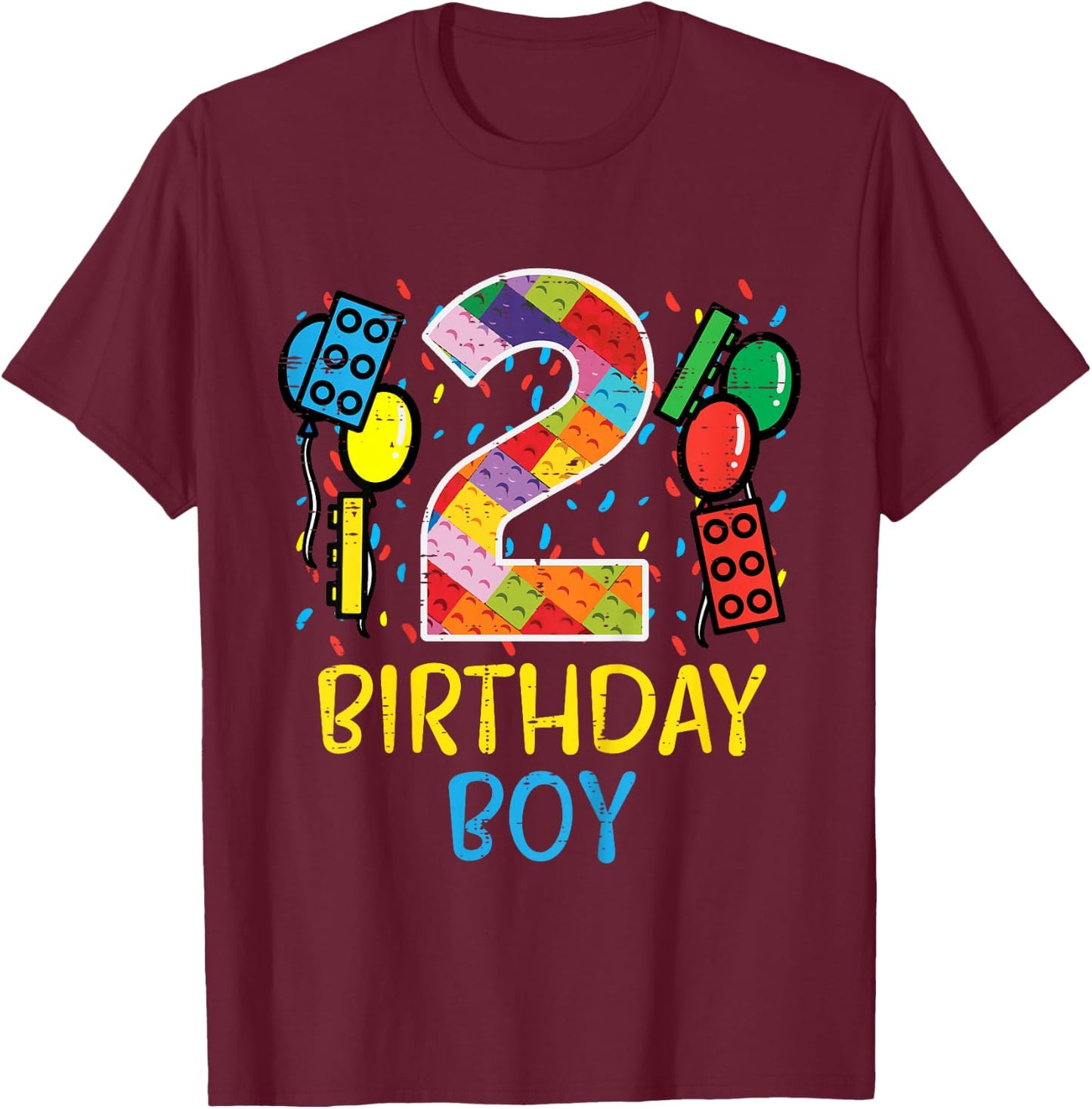 2 Birthday Boy Building Blocks 2nd Bday Boys Kids Toddler T-Shirt - T-Shirt | Maroon