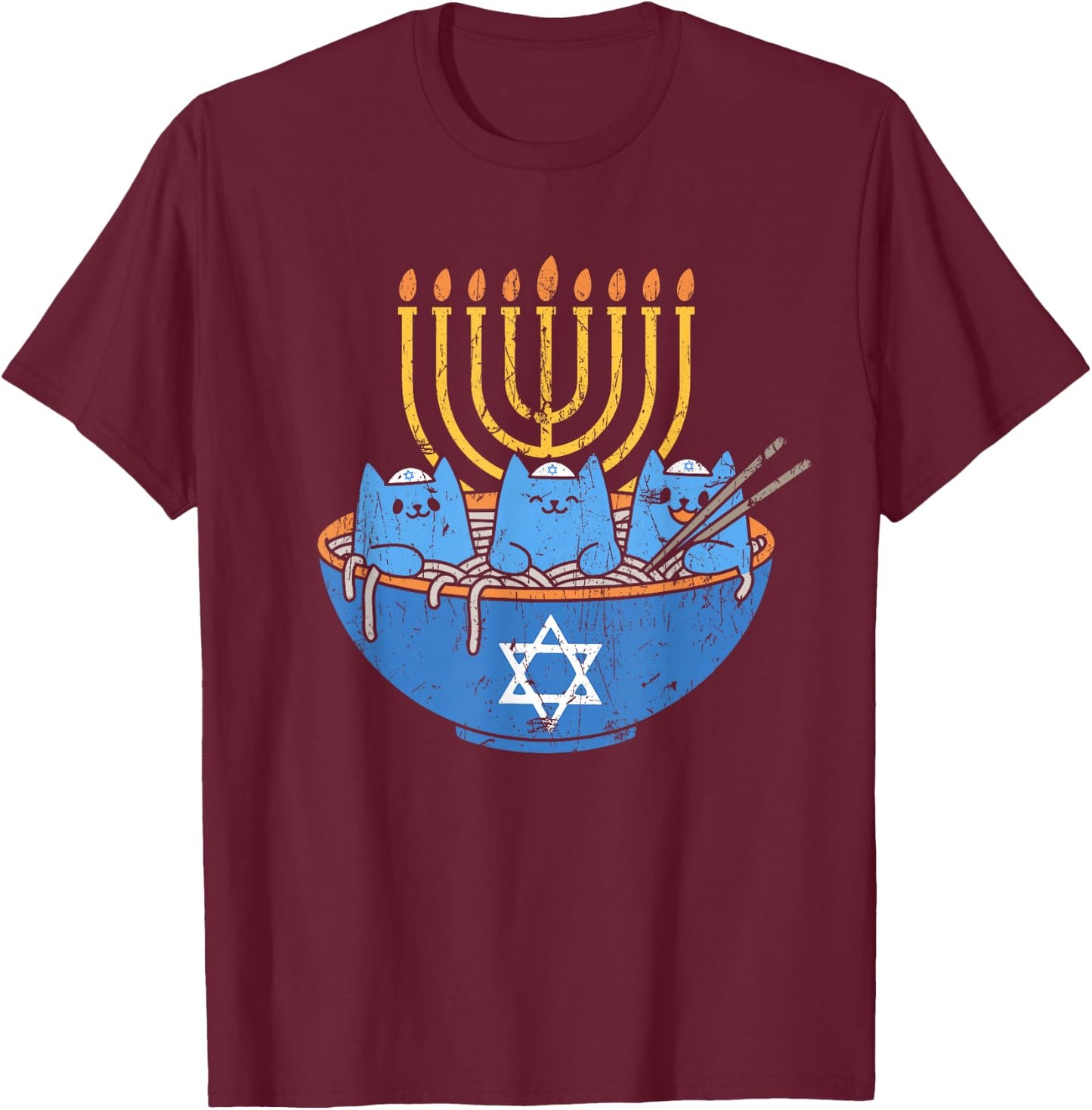 Chanukah Lover Hanukkah Gifts Jewish Cats Ramen Kitten Anime Hanukkah - -Adult, Anime, Cat Lovers, Families - Black, Small, Short Sleeve T-Shirt - T-Shirt | Maroon