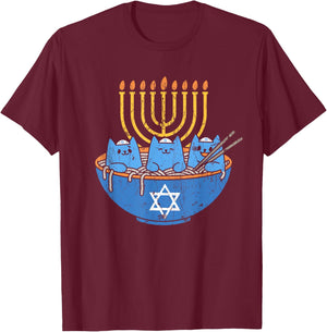 Chanukah Lover Hanukkah Gifts Jewish Cats Ramen Kitten Anime Hanukkah - -Adult, Anime, Cat Lovers, Families - Black, Small, Short Sleeve T-Shirt - T-Shirt | Maroon