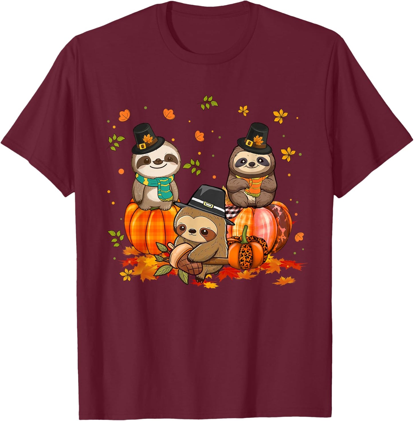 Sloth Pumpkin Leopard Buffalo Plaid Fall Thanksgiving T-Shirt - T-Shirt | Maroon