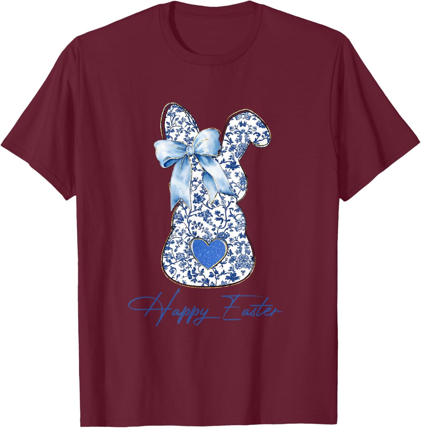 Happy Easter Blue Toile Chinoiserie Bunny Rabbit Women Girls T-Shirt - T-Shirt | Maroon