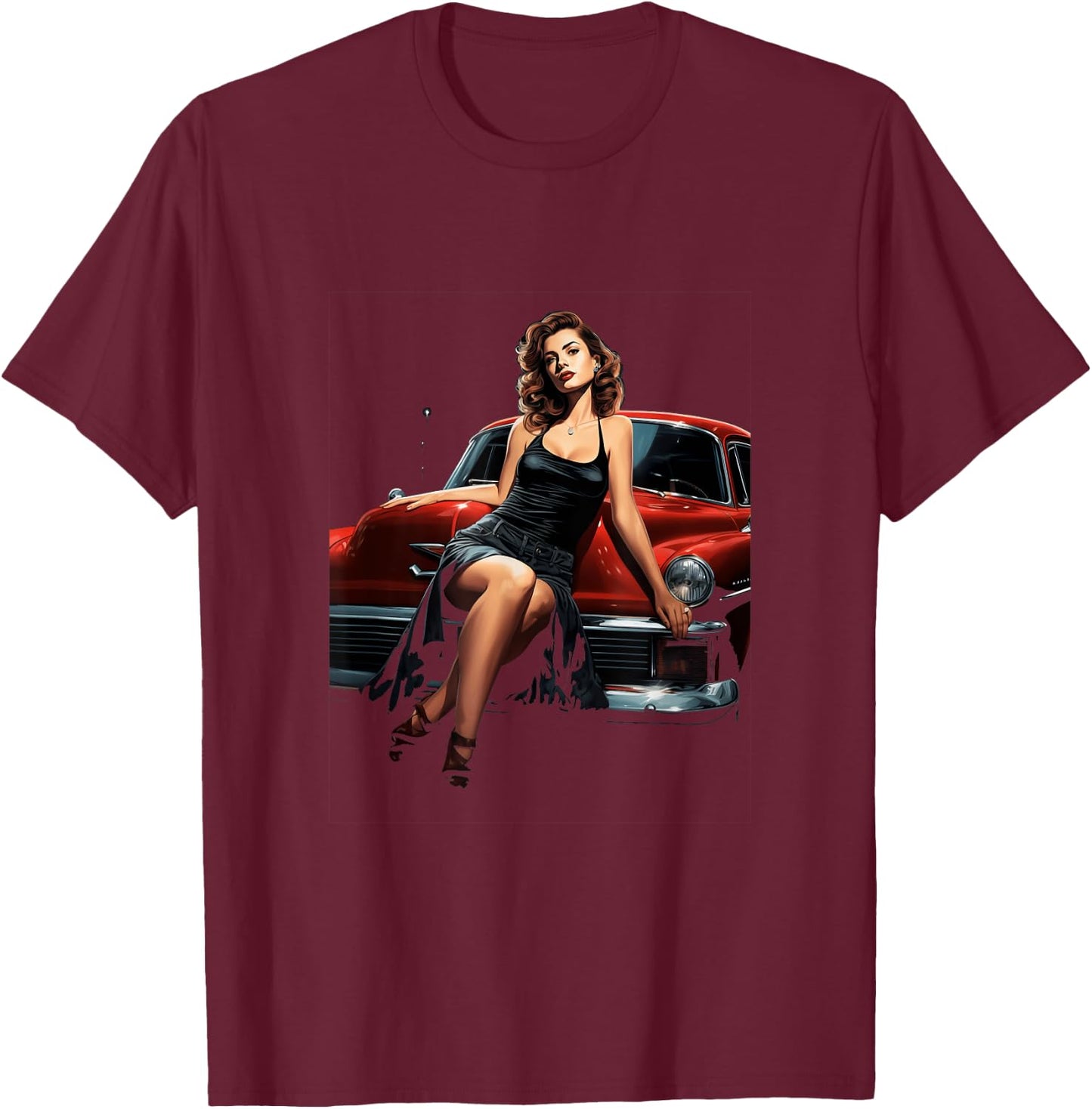 Pinup Girl Vintage Classic Car Hotrod Rockabilly T-Shirt - T-Shirt | Maroon