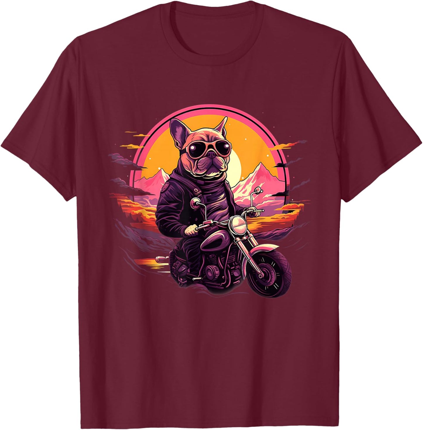 Biker Frenchie Dog Riding Motorcycle T-Shirt - T-Shirt | Maroon