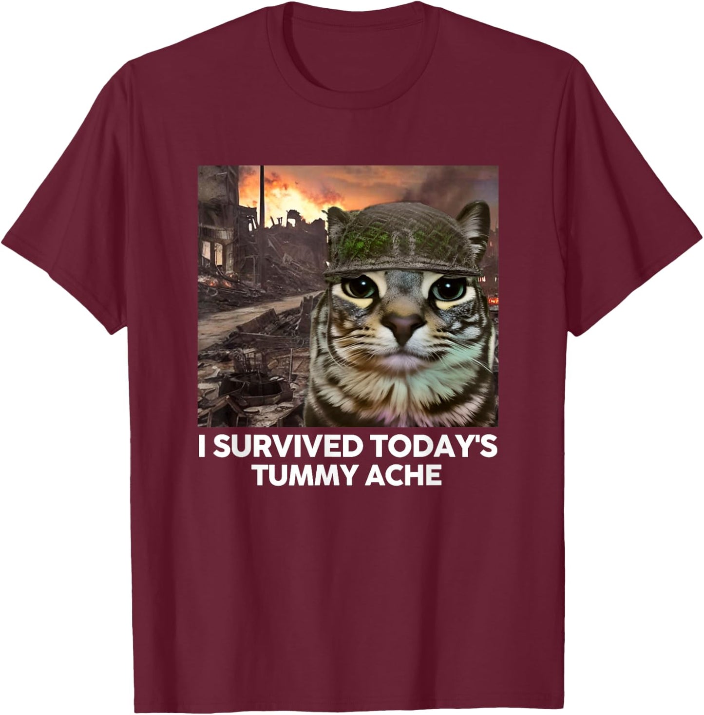 I Survived Today's Tummy Ache Funny Cat Meme Men Women Girls Kids T-Shirt - T-Shirt | Maroon