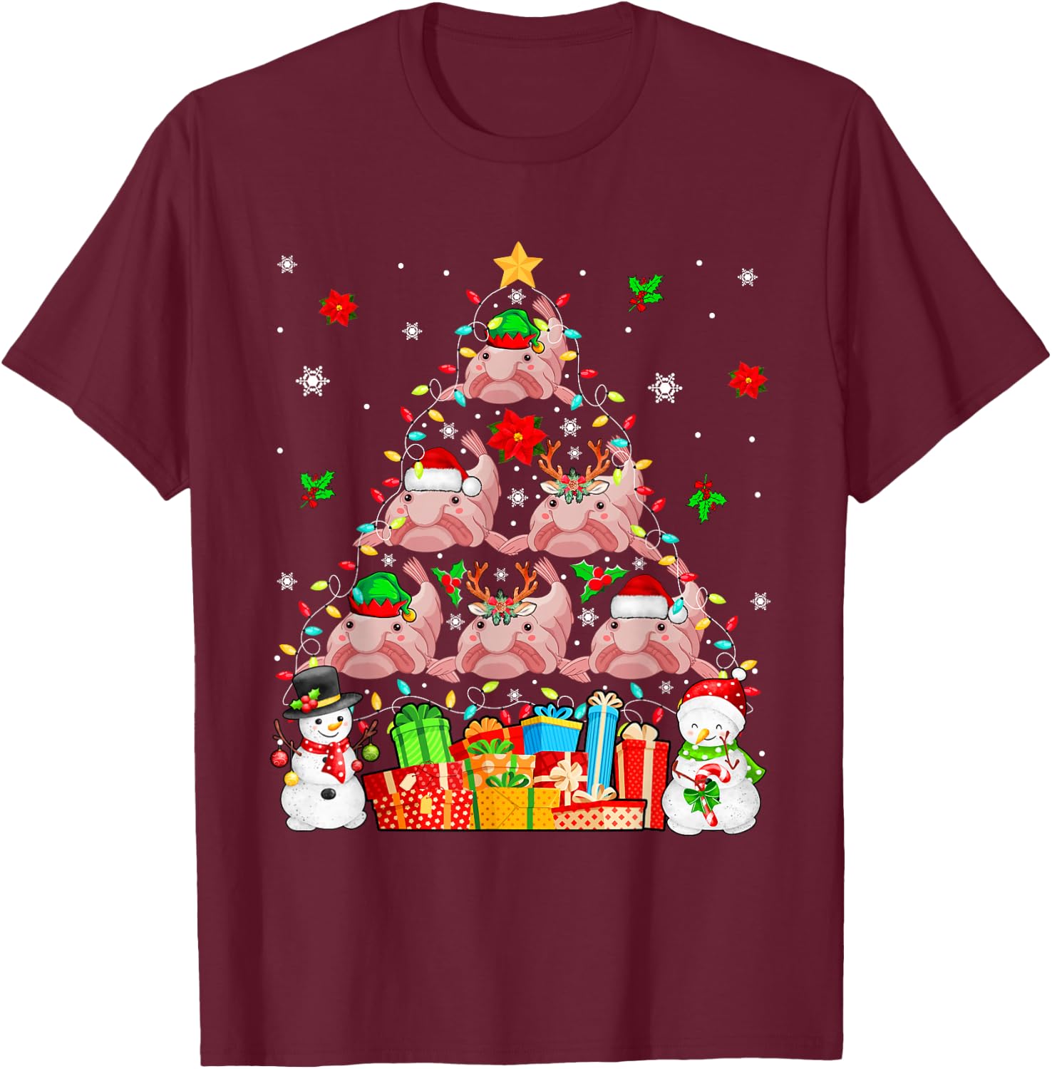 Group Santa Reindeer Elf Blobfishes As Xmas Tree Snowmen T-Shirt - T-Shirt | Maroon
