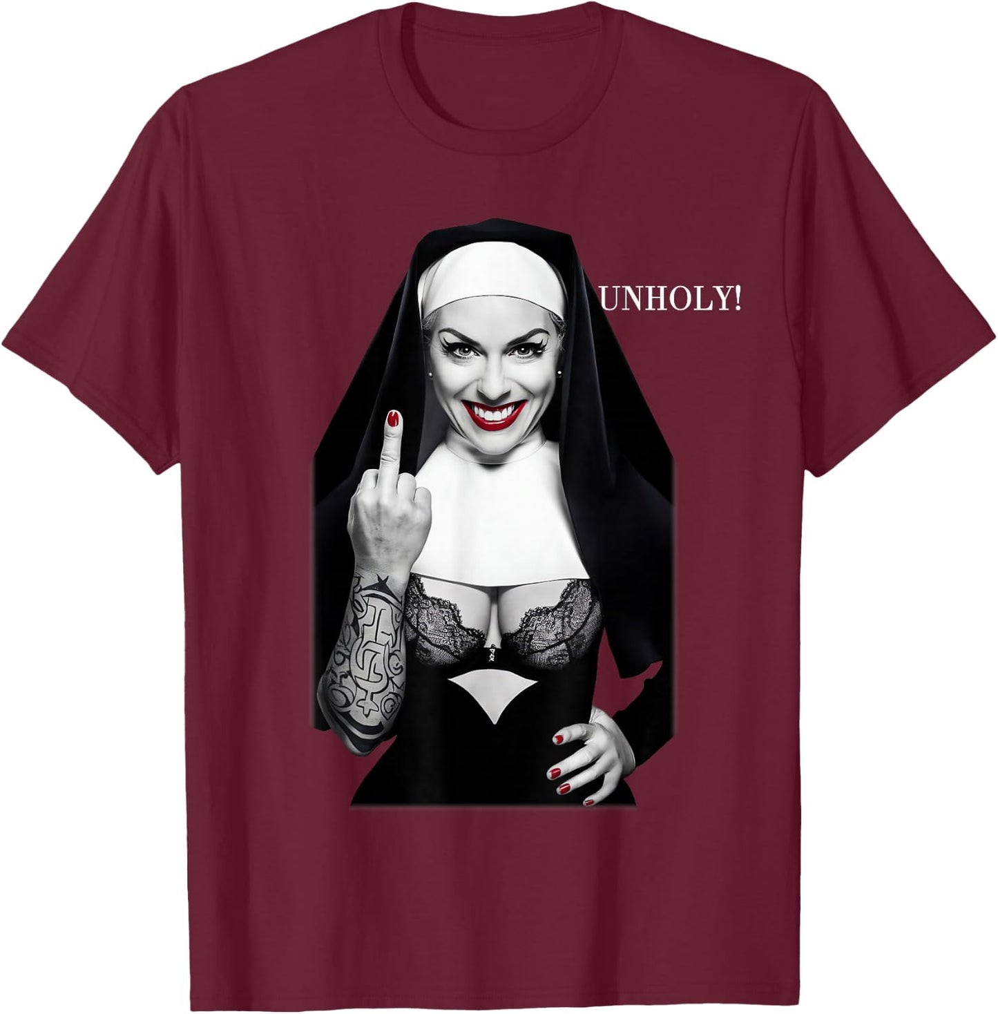 Sexy Nun Middle Finger , black T-Shirt - T-Shirt | Maroon