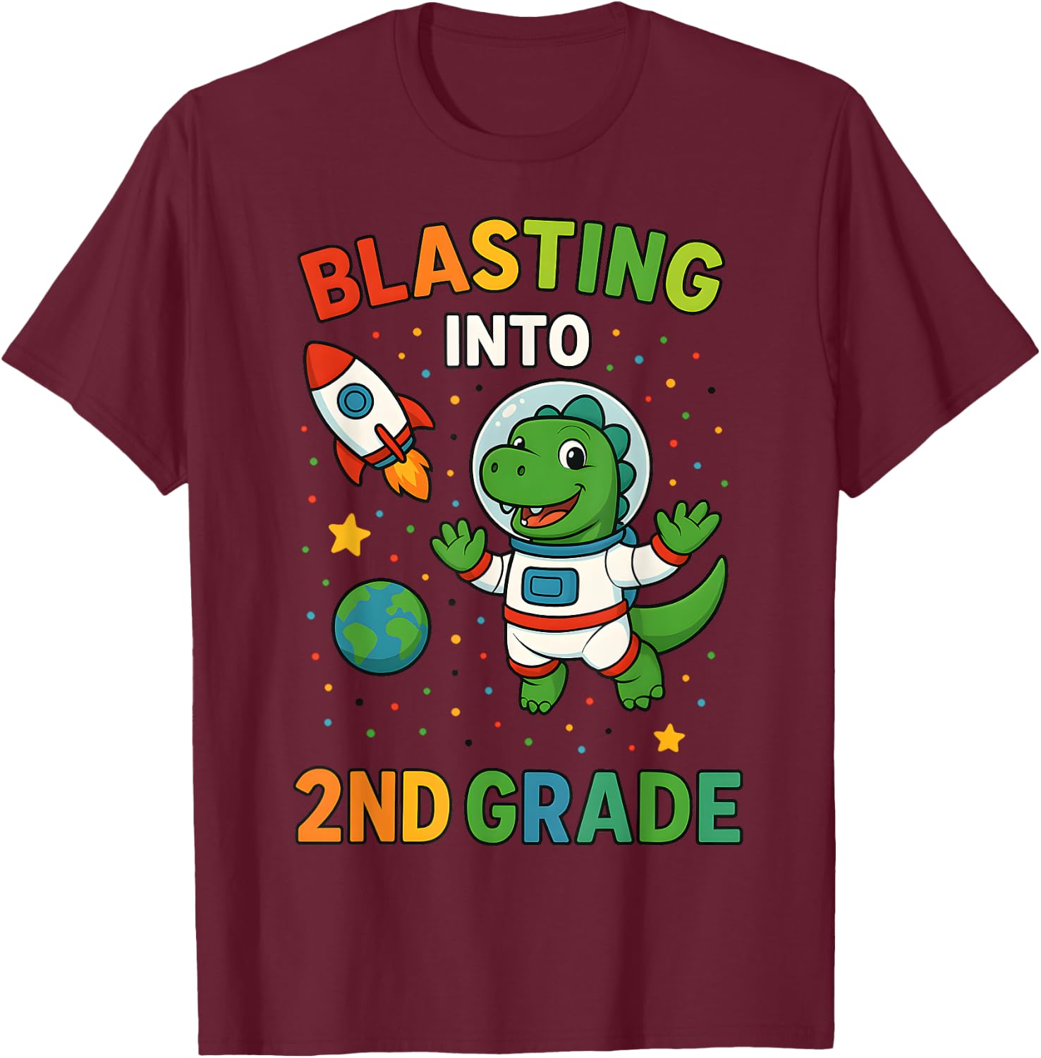 Blasting Into 2nd Grade Dinosaur Astronaut Back To School T-Shirt - T-Shirt | Maroon
