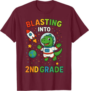 Blasting Into 2nd Grade Dinosaur Astronaut Back To School T-Shirt - T-Shirt | Maroon
