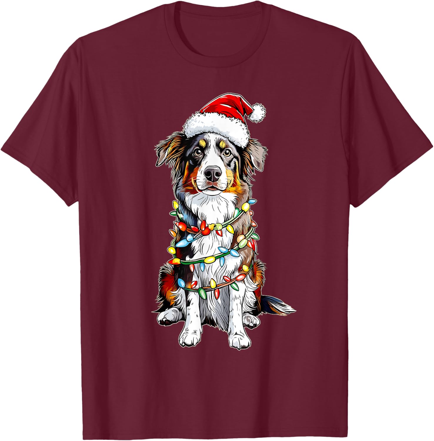 Cute Australian Shepherd Christmas Hat Xmas T-Shirt - T-Shirt | Maroon