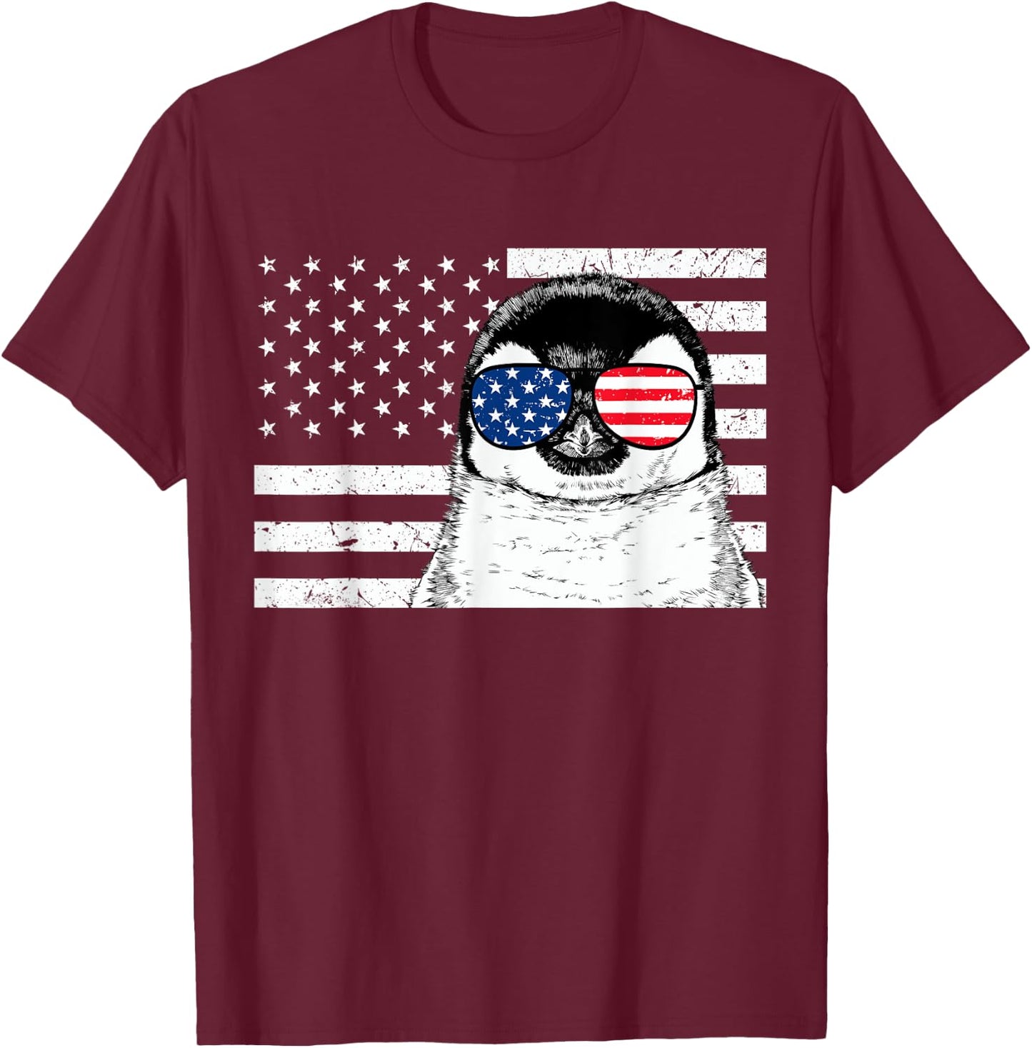 Penguin 4th of July Animal US American Flag Patriotic T-Shirt - T-Shirt | Maroon