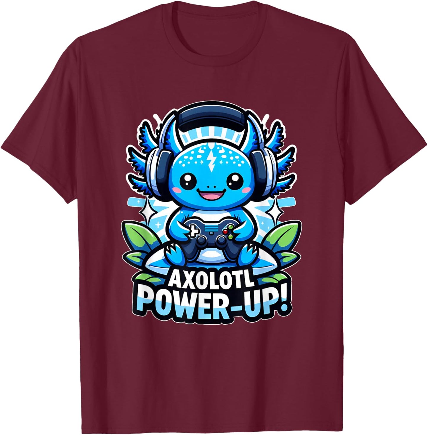 Chibi Gamer Axolotl Power up videogame Birthday boy girl T-Shirt - T-Shirt | Maroon