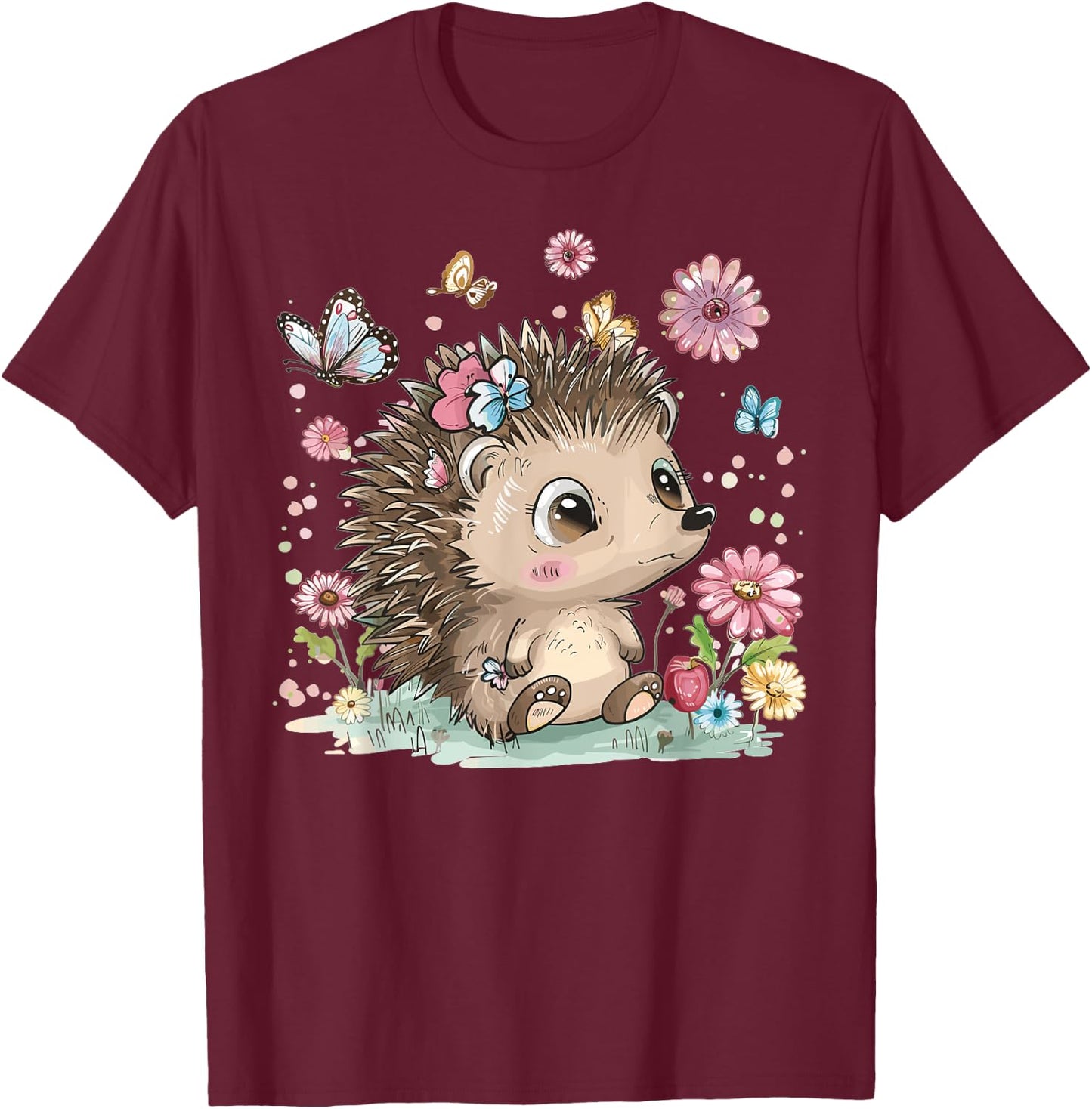 Cute Hedgehog With Flowers I Hedgehog T-Shirt - T-Shirt | Maroon