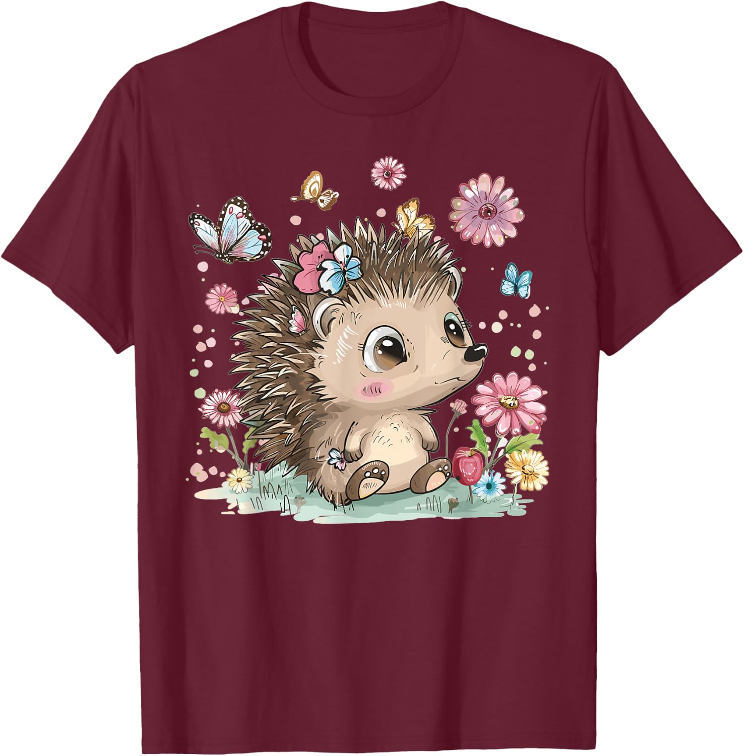 Cute Hedgehog With Flowers I Hedgehog T-Shirt - T-Shirt | Maroon