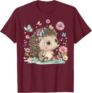 Cute Hedgehog With Flowers I Hedgehog T-Shirt - T-Shirt | Maroon