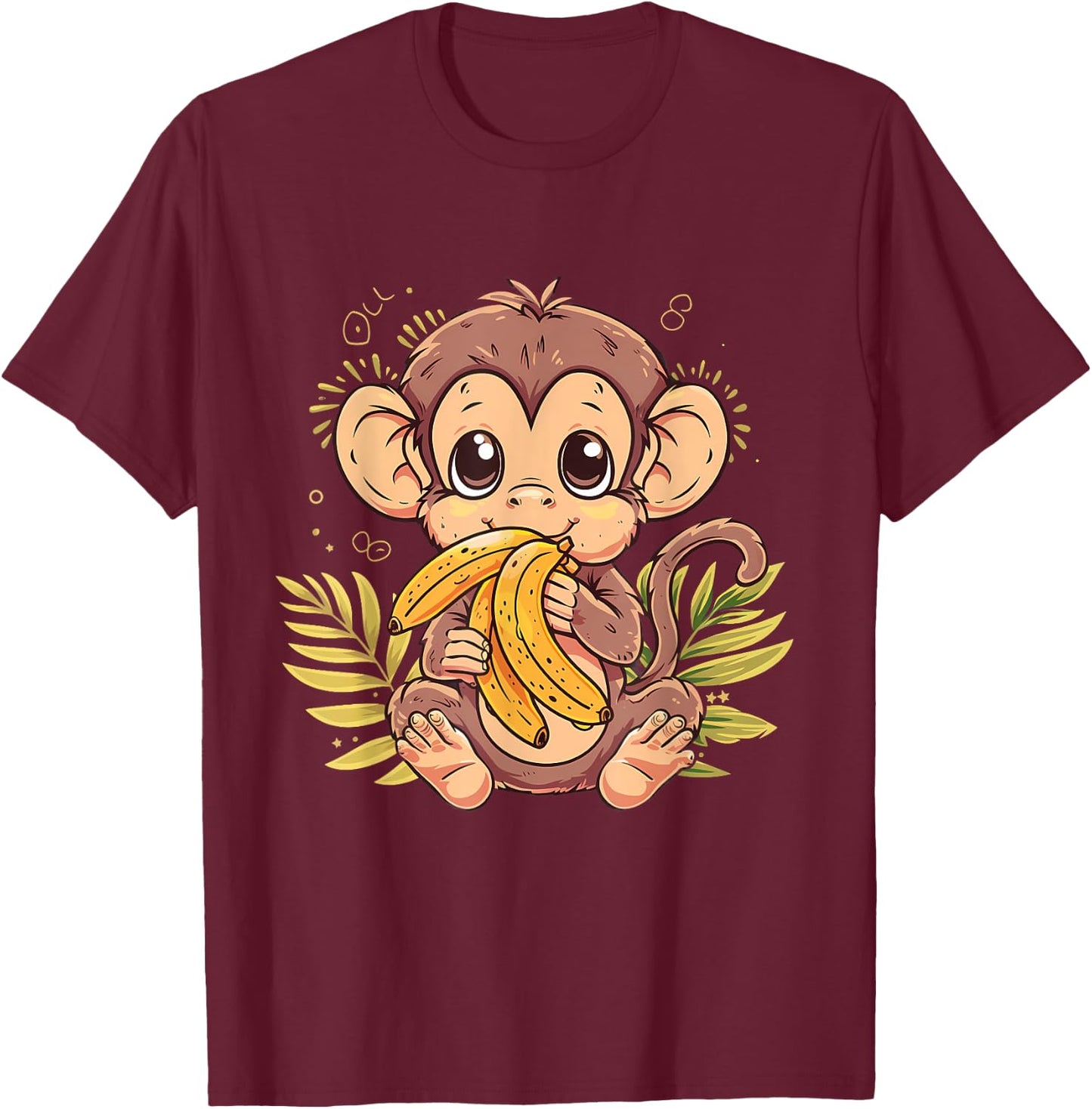 Banana Monkey Bananas Fruit Artwork Cute Monkey Drawing T-Shirt - T-Shirt | Maroon