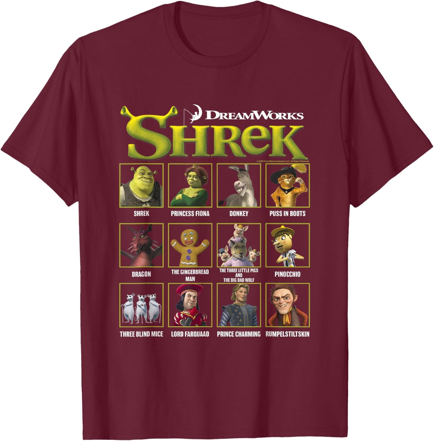 Shrek Iconic Shrek Yearbook Looks Group Shot Chest Panels T-Shirt - T-Shirt | Maroon