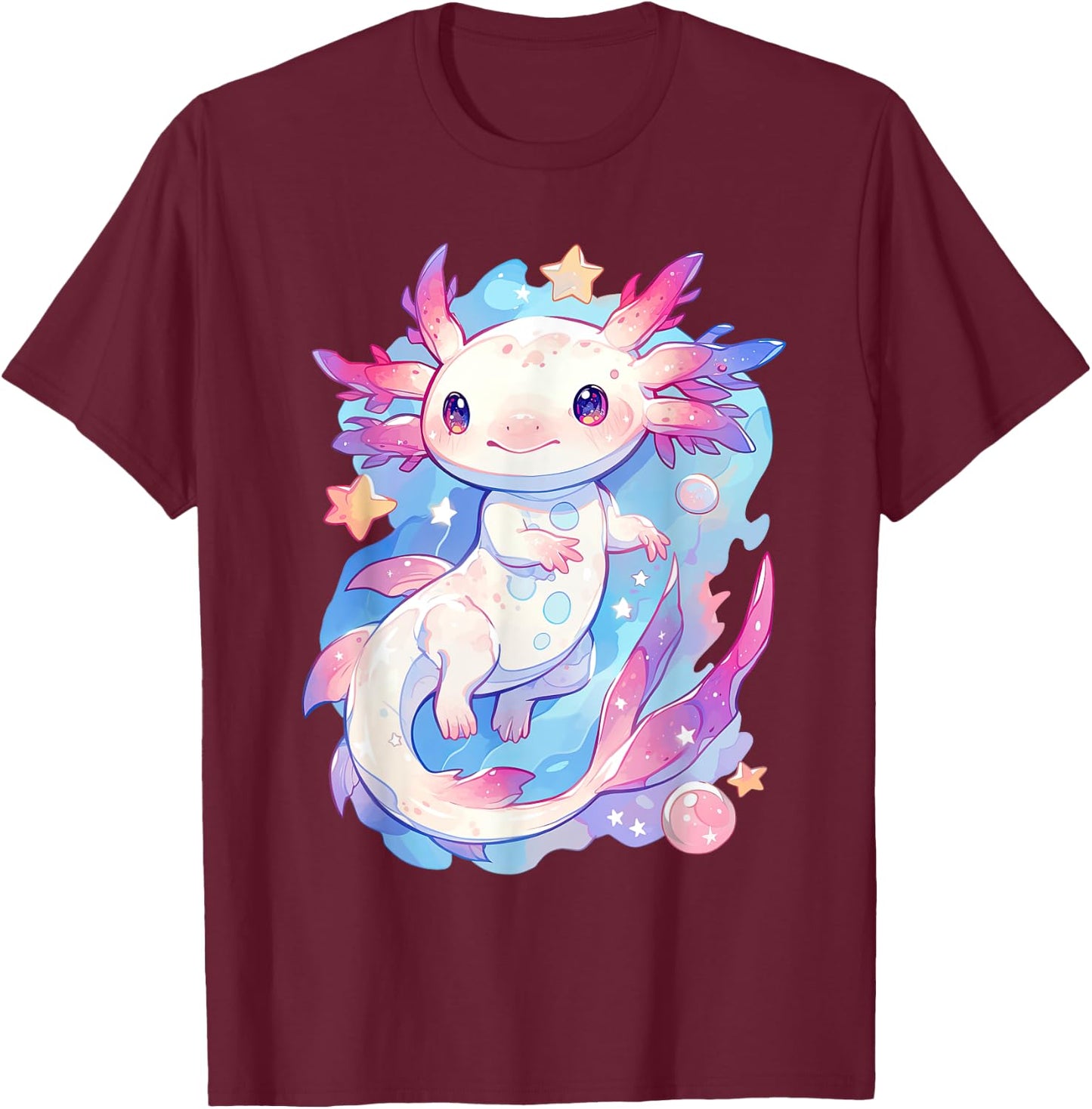 Kawaii Pastel Goth Cute Pink Axolotl with Stars and Moon T-Shirt - T-Shirt | Maroon