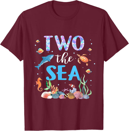 Two The Sea 2nd Birthday Baby Girl Outfits Mermaid Turtle T-Shirt - T-Shirt | Maroon