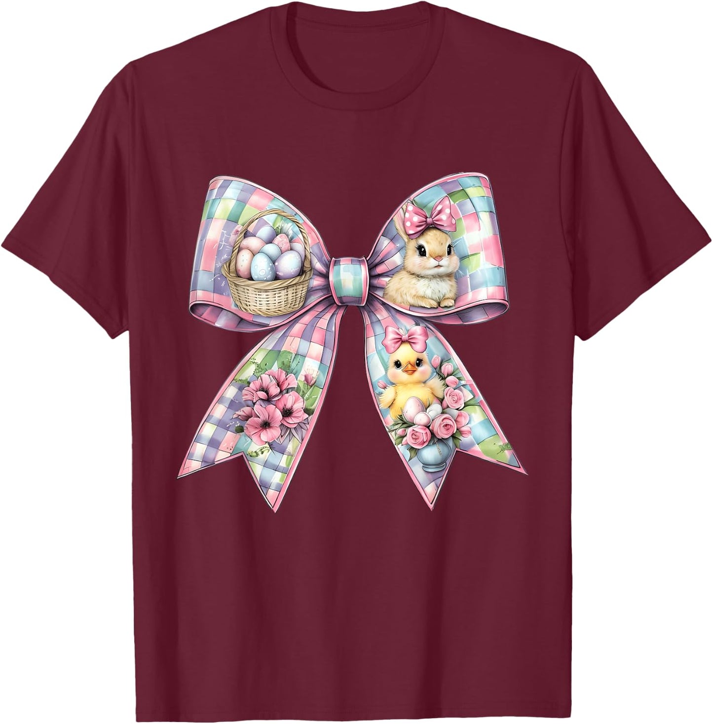 Happy Easter Bunny Coquette Bow Floral Spring Women Girl Kid T-Shirt - T-Shirt | Maroon