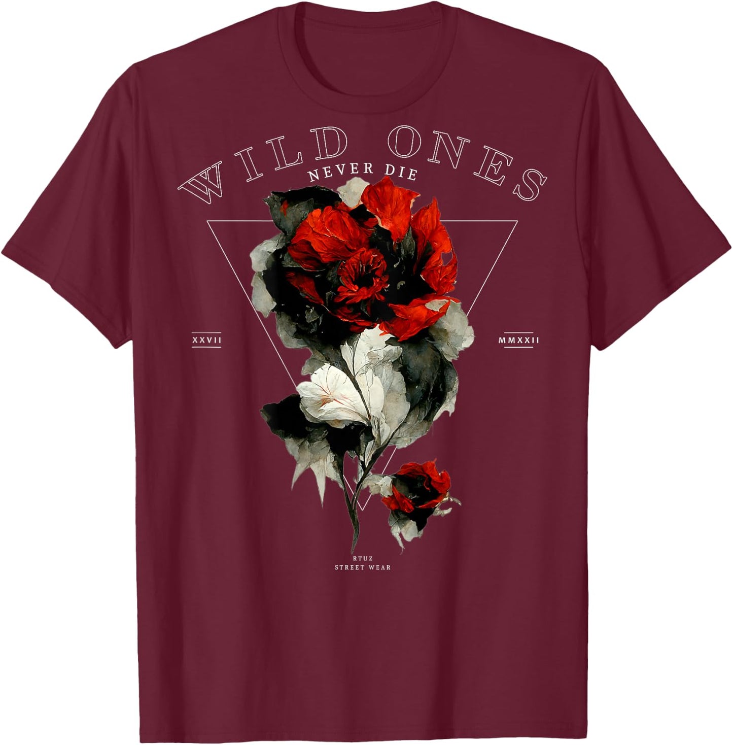 Backprint Streetwear Mode Fashion Damen Herren Retro Rose T-Shirt - T-Shirt | Maroon