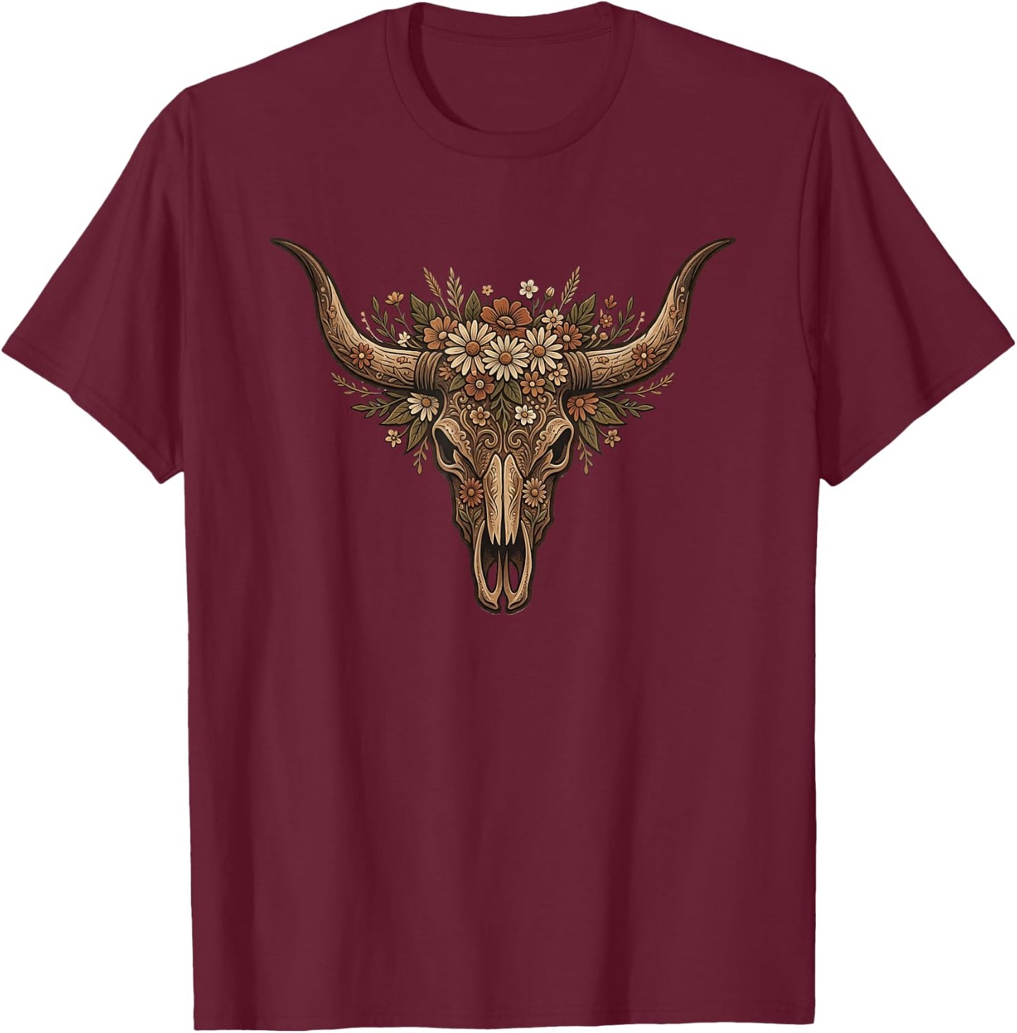 Boho Floral Cow Skull Western Cowboy Cowgirl Country Girls T-Shirt - T-Shirt | Maroon
