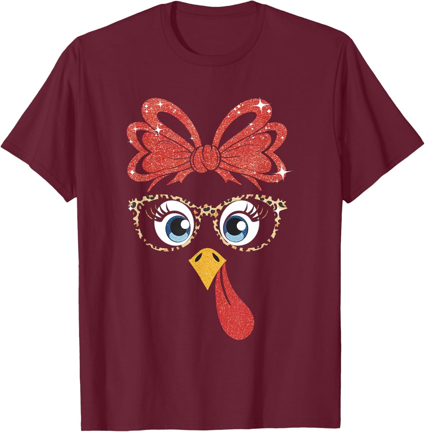 Thanksgiving Turkey Face Leopard Glasses Women Girls T-Shirt - T-Shirt | Maroon