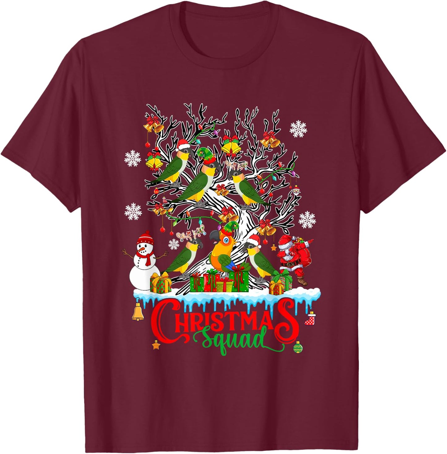 Christmas Squad Santa Reindeer Caique Parrots On Xmas Tree T-Shirt - T-Shirt | Maroon