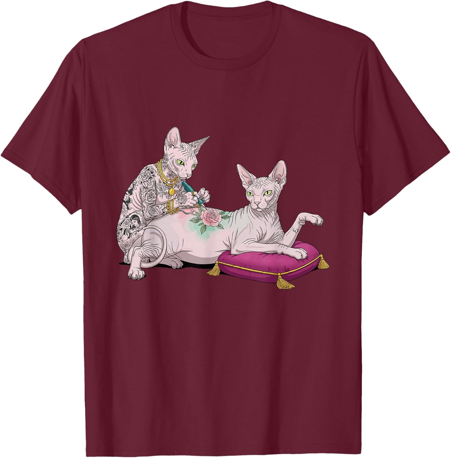 Sphynx Cat Tattooing Funny Meme Kitty Humor Tattoo Artist T-Shirt - T-Shirt | Maroon